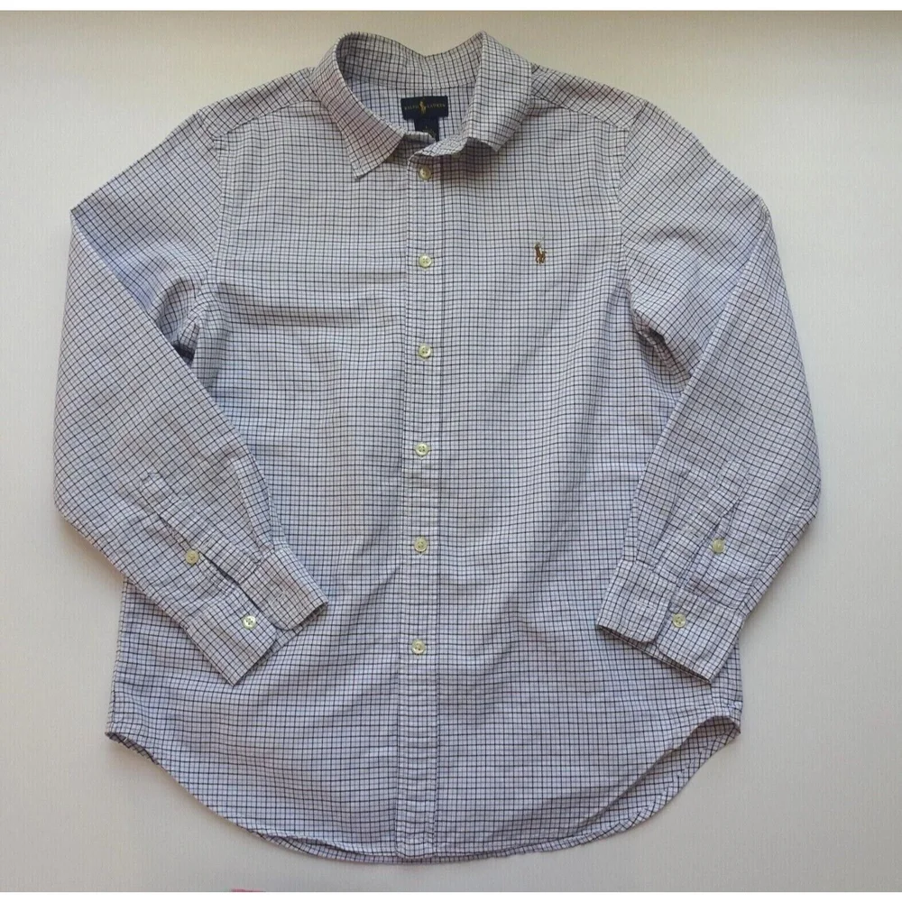 💰3/$25 Ralph Lauren Boy's Button Down Shirt Blue Plaid Oxford PONY Logo L